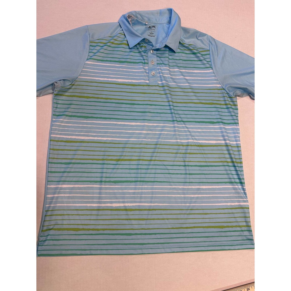 Adidas Golf Polo Shirt Mens 2XL Blue Green Stripe Climacool Short Sleeve Stretch